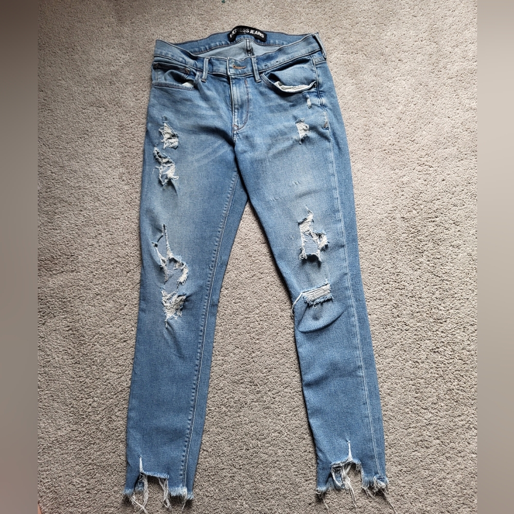 Express Light Blue Distressed Mid-Rise Ankle Leggings
